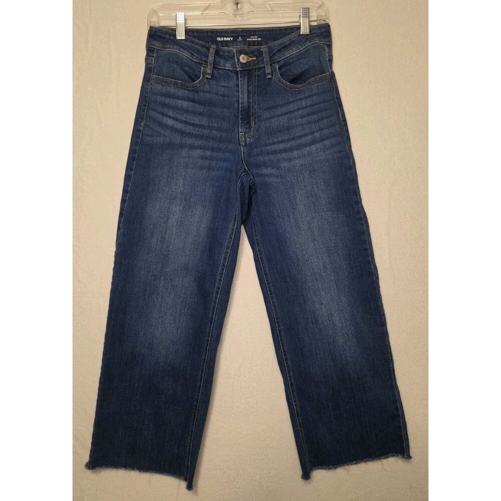 Size 4 Wow Wide Leg High Rise Raw Hem Jeans Old Navy Baggy Blue Denim